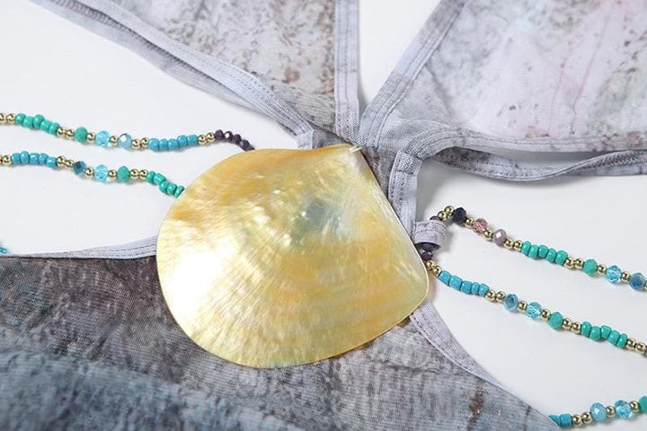 Halter self tie deep V neck sheer mesh shell applique maxi dress  | Festival Outfits Women