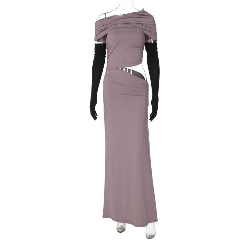 One shoulder gloves ruched hollow out cut out maxi dress-final-sale  | Festival Outfits Women