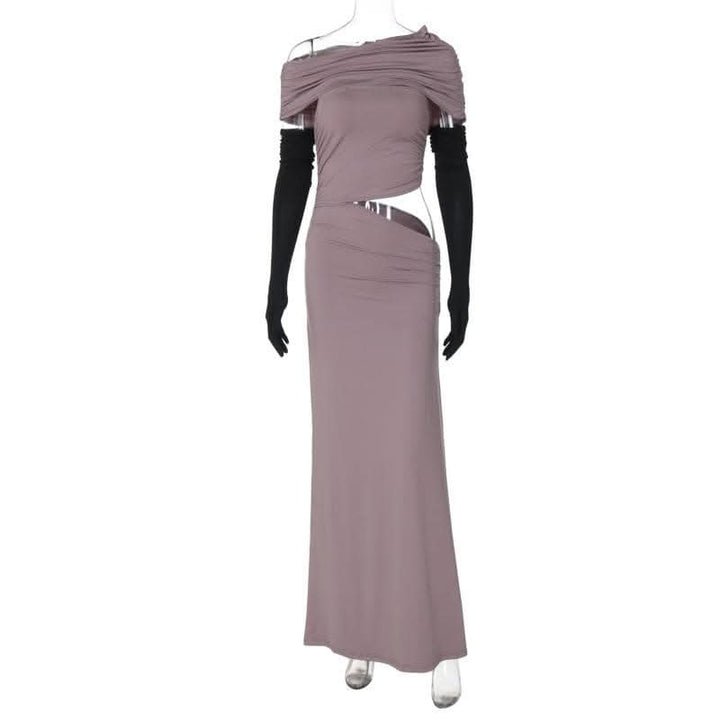 One shoulder gloves ruched hollow out cut out maxi dress-final-sale  | Festival Outfits Women