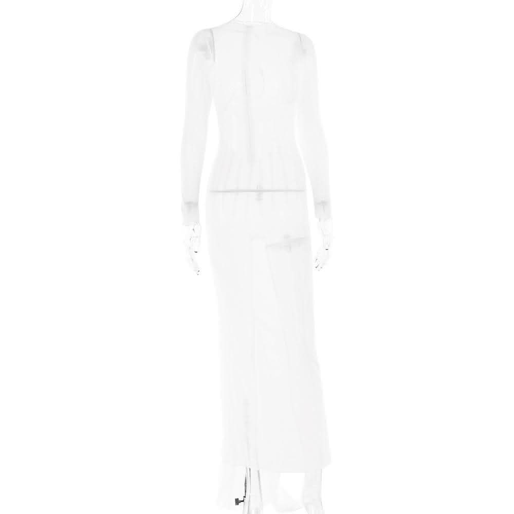 Long sleeve sheer mesh zip-up stitch maxi dress-final-sale  | Festival Outfits Women