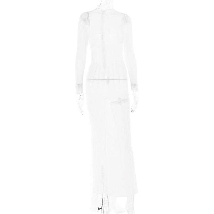 Long sleeve sheer mesh zip-up stitch maxi dress-final-sale  | Festival Outfits Women