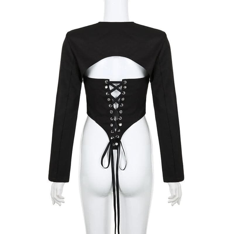 Safety pin applique lace up long sleeve solid crop top-final-sale  | Festival Outfits Women