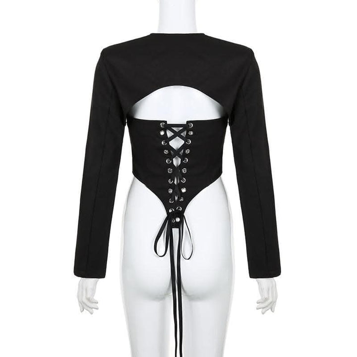 Safety pin applique lace up long sleeve solid crop top-final-sale  | Festival Outfits Women