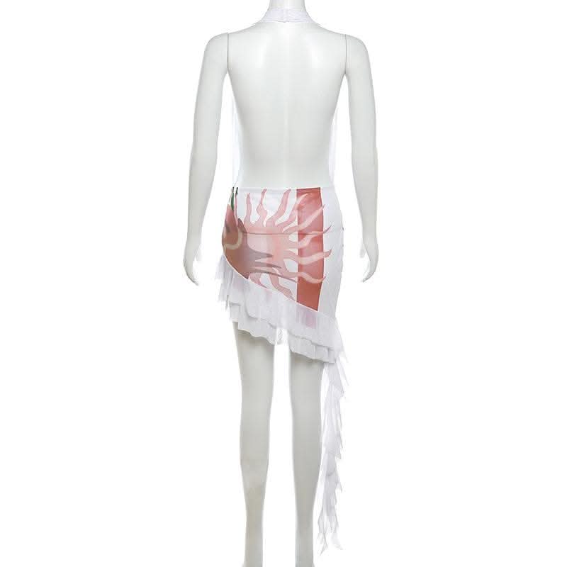 Abstract contrast cowl neck halter backless irregular mini dress-final-sale  | Festival Outfits Women