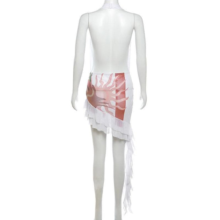 Abstract contrast cowl neck halter backless irregular mini dress-final-sale  | Festival Outfits Women