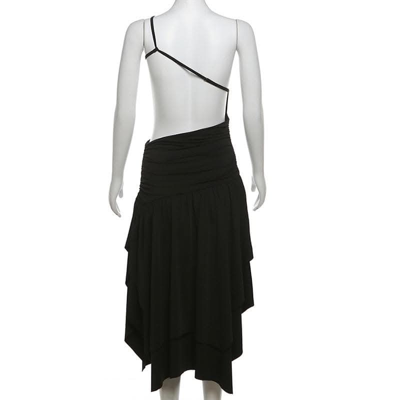 One shoulder hollow out ruched ruffle cut out midi dress-final-sale  | Festival Outfits Women