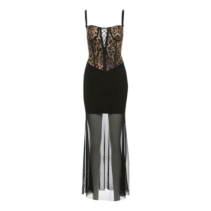 Leopard print mesh lace up cami maxi dress  | Festival Outfits Women