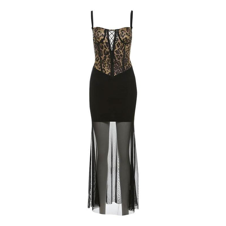 Leopard print mesh lace up cami maxi dress  | Festival Outfits Women