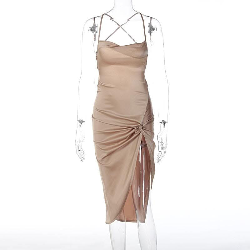 Sleeveless cross back cowl neck slit lace up self tie backless midi dress-final-sale