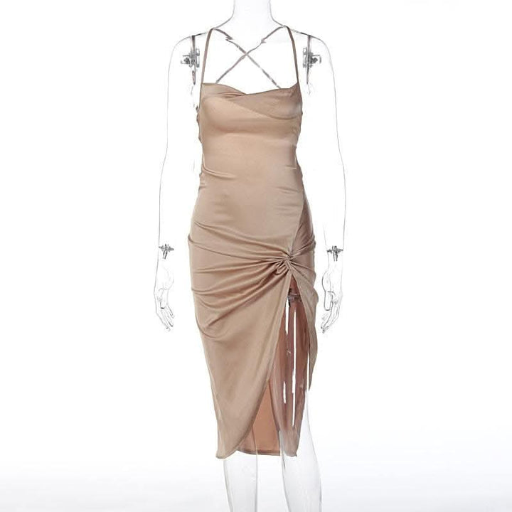 Sleeveless cross back cowl neck slit lace up self tie backless midi dress-final-sale