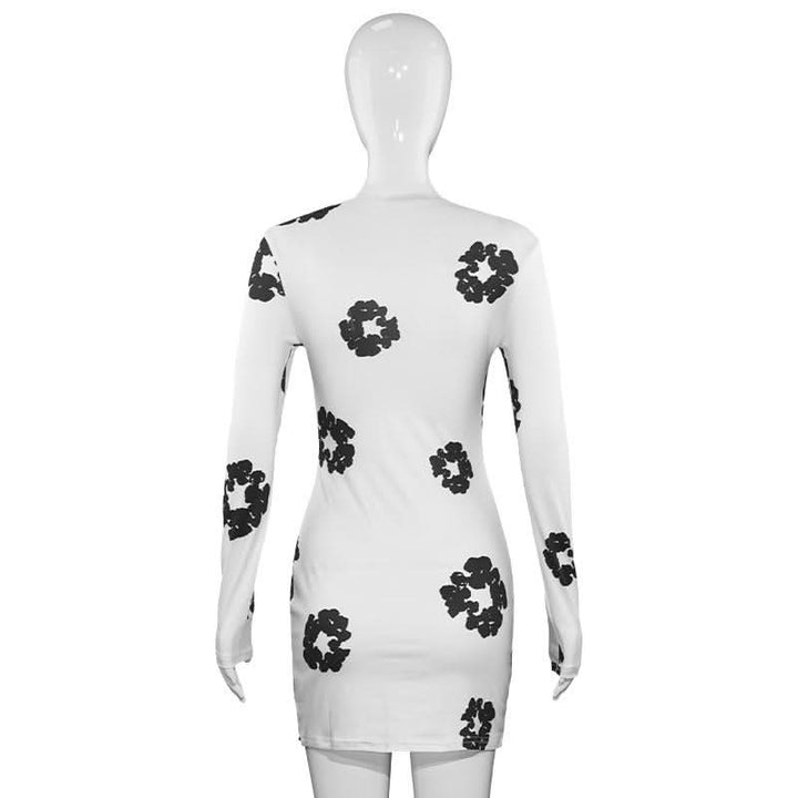 Long sleeve crewneck flower print mini dress  | Festival Outfits Women