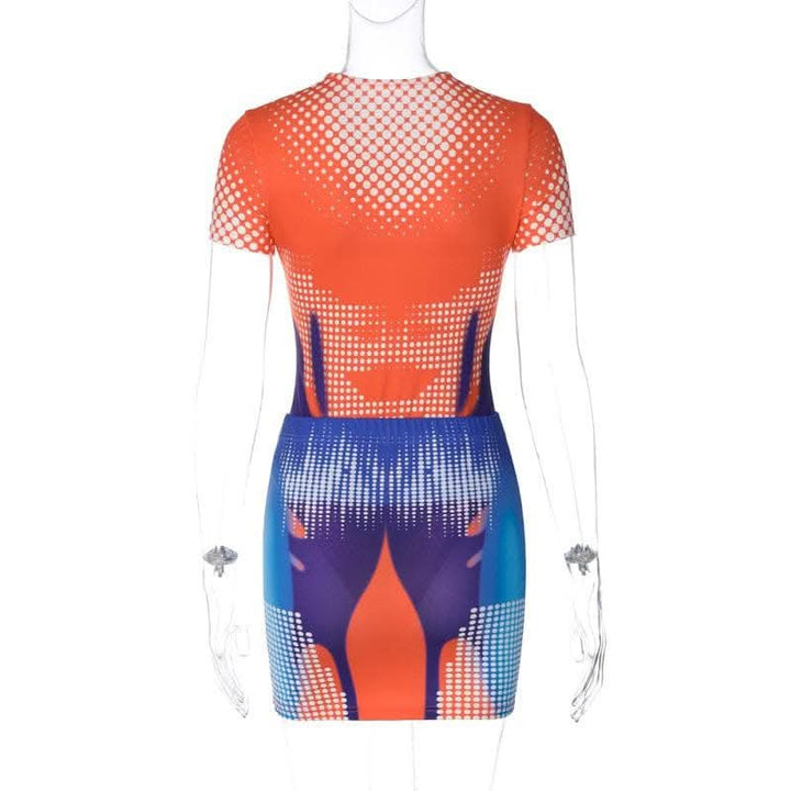 Polka dot thermal contrast short sleeve crewneck bodysuit mini skirt set-final-sale  | Festival Outfits Women