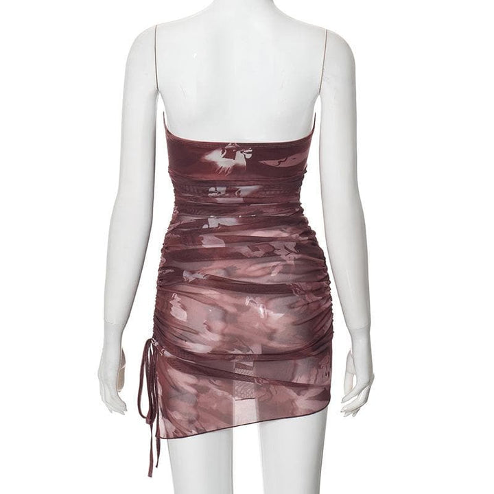 Drawstring tie dye mesh ruched tube mini dress  | Festival Outfits Women