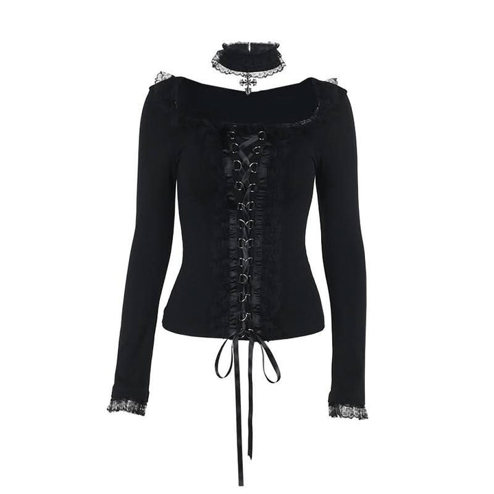 Long sleeve ruffle lace hem necklace top  | Festival Outfits Women