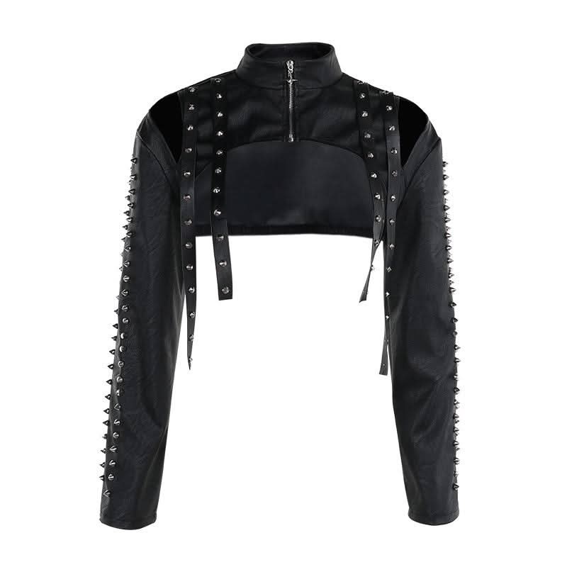 High neck PU leather zip-up hollow out shrug cut out top  | Festival Outfits Women