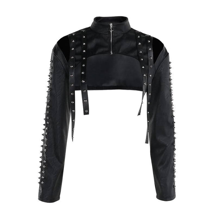 High neck PU leather zip-up hollow out shrug cut out top  | Festival Outfits Women