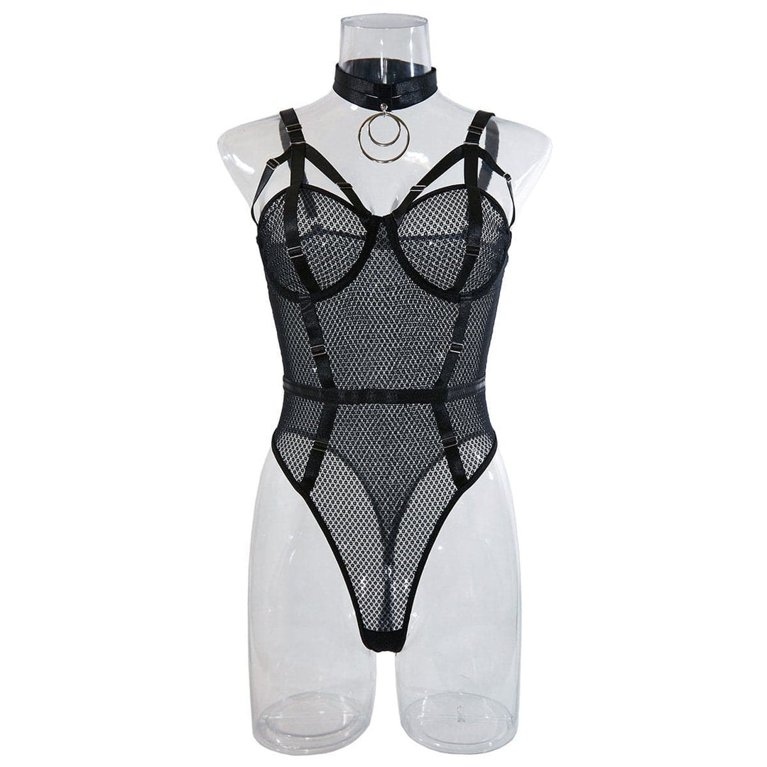 Halter strappy o ring fishnet bodysuit with choker  | Festival Outfits Women