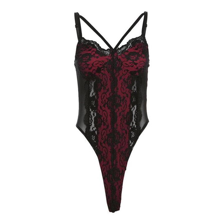 Kayan kwalliya na Patchwork v neck lace contrast bodysuit | Kayan bikin mata