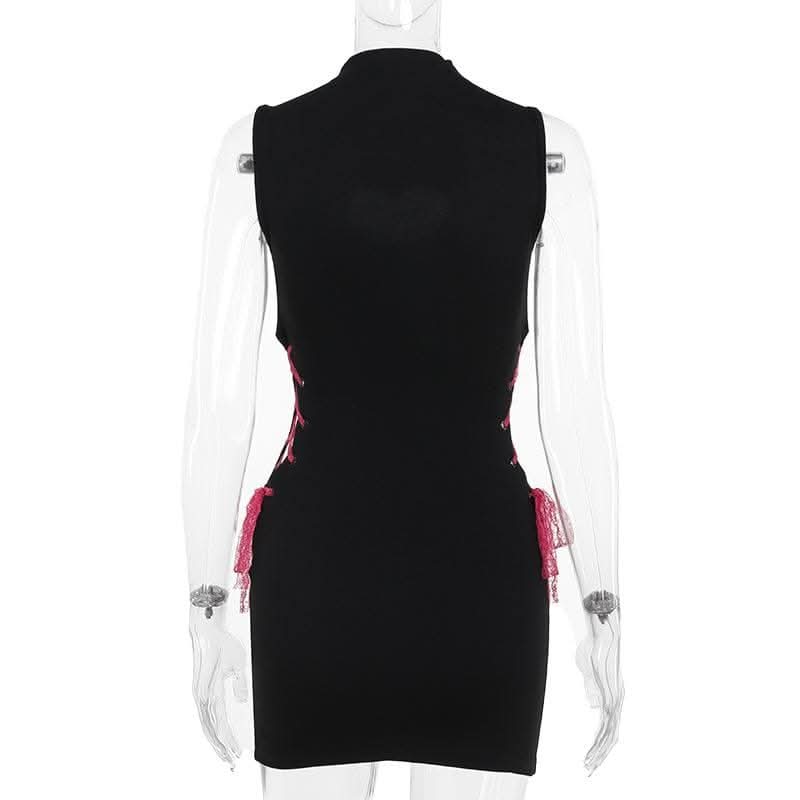 High neck heart pattern hollow out lace up cut out mini dress-final-sale  | Festival Outfits Women