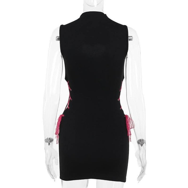 High neck heart pattern hollow out lace up cut out mini dress-final-sale  | Festival Outfits Women