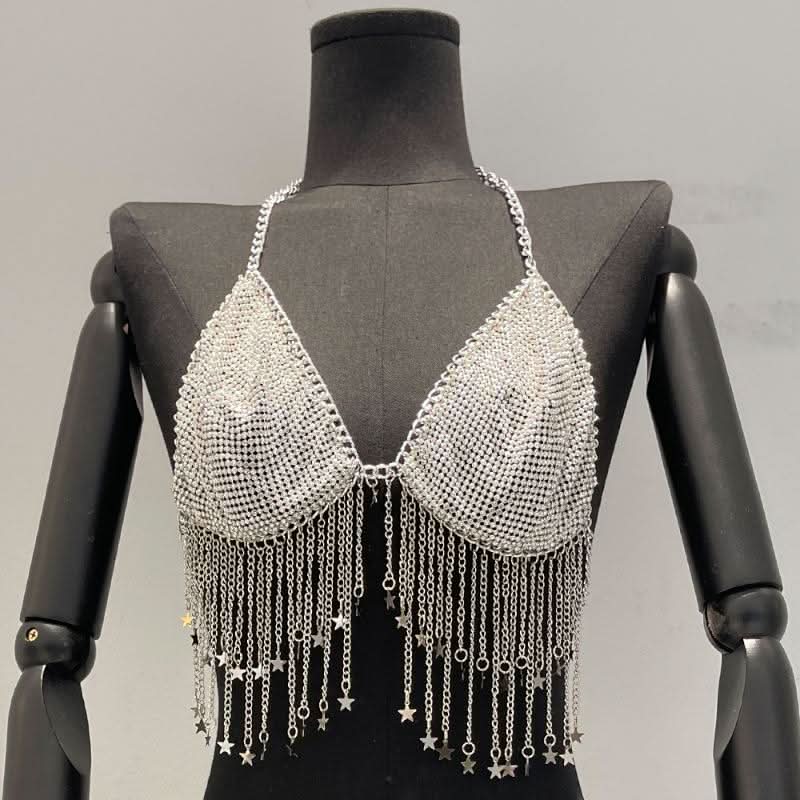 Metal chain halter beaded v neck tassels top  | Festival Outfits Women-final-sale
