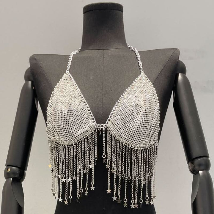 Metal chain halter beaded v neck tassels top  | Festival Outfits Women-final-sale