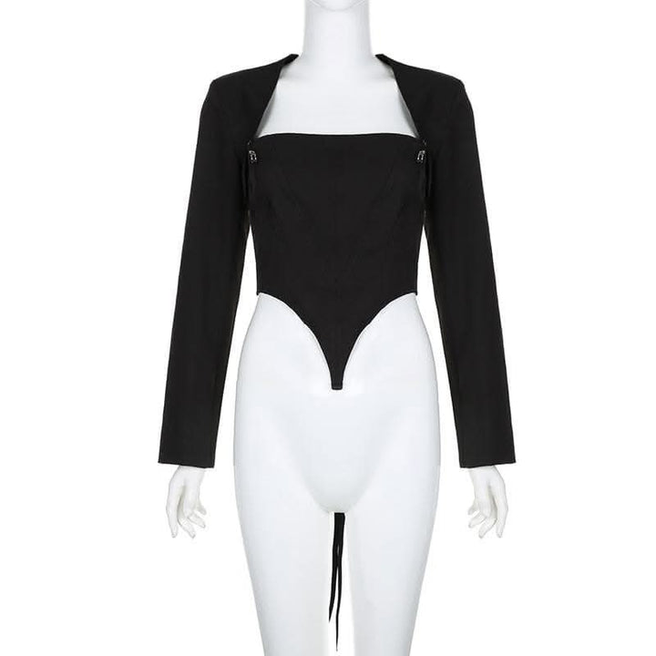 Safety pin applique lace up long sleeve solid crop top-final-sale  | Festival Outfits Women