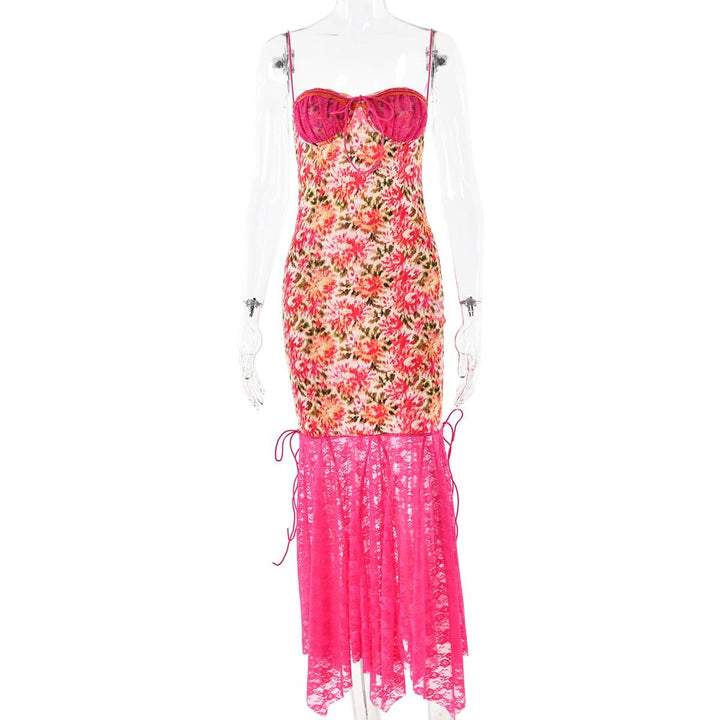 Lace patchwork ruffle knotted print cami midi dress  | Festival Outfits Women