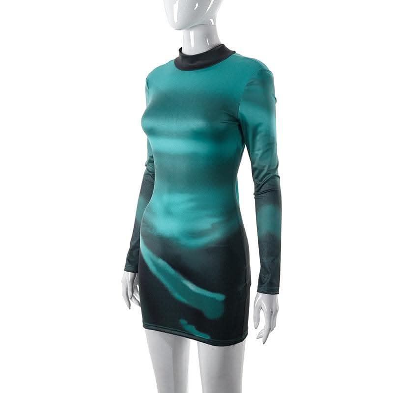 High neck long sleeve self tie backless gradient mini dress-final-sale  | Festival Outfits Women