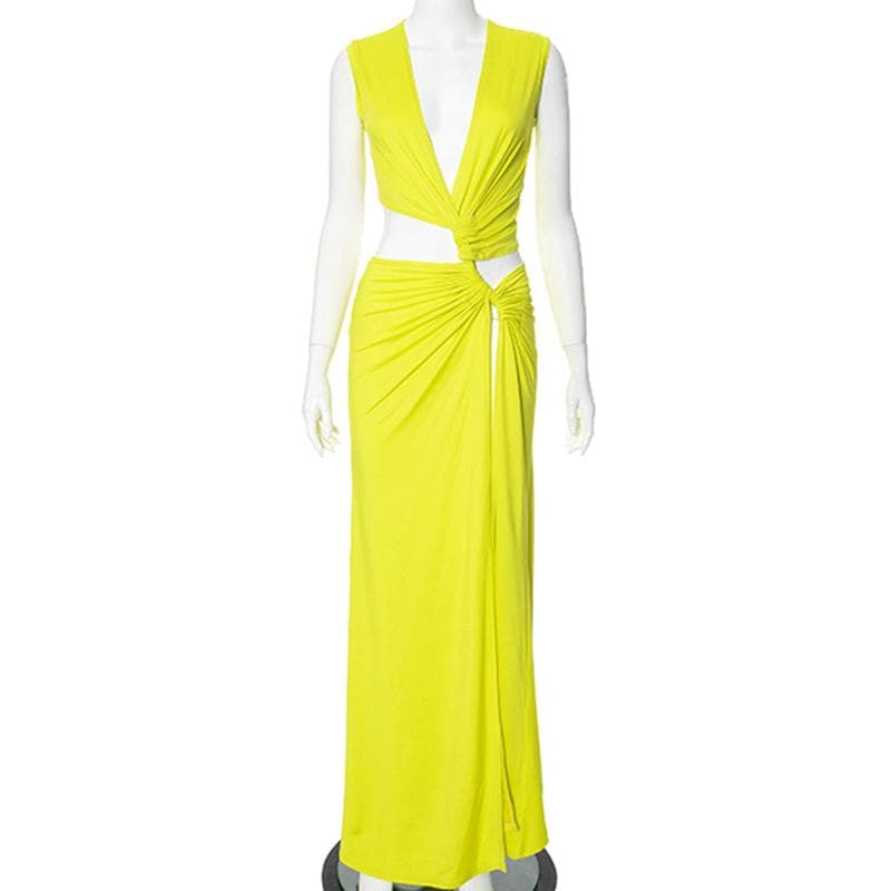 V neck sleeveless high slit ruched maxi dress  | Festival Outfits Women