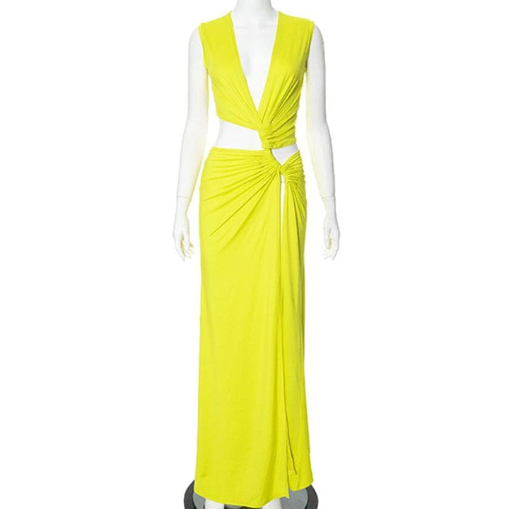 V neck sleeveless high slit ruched maxi dress  | Festival Outfits Women