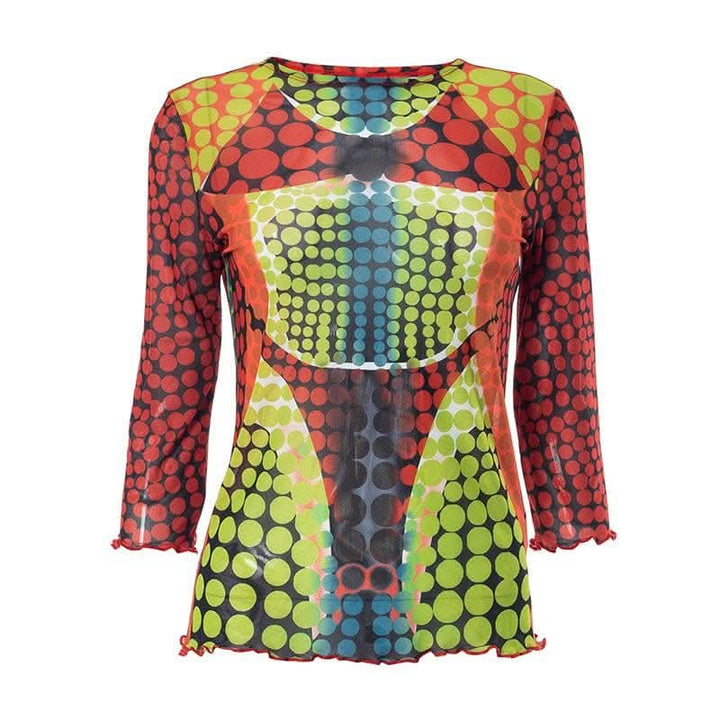 Sheer mesh long sleeve polka dot thermal contrast ruffle 2-way top-final-sale  | Festival Outfits Women