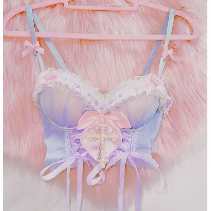 Lace hem bowknot v neck cross applique ribbon top  | Festival Outfits Women