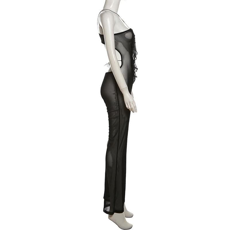 Sheer mesh solid ruffle see through cross front jumpsuit-final-sale  | Festival Outfits Women