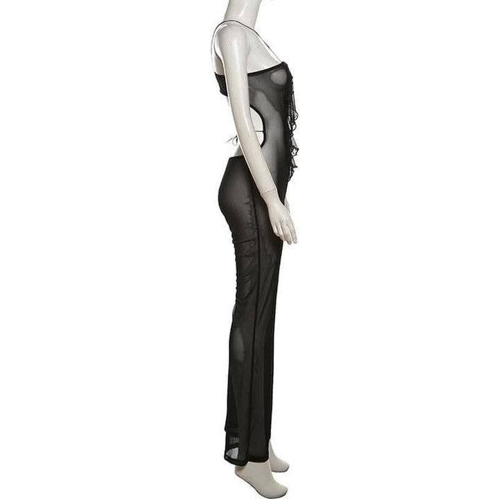 Sheer mesh solid ruffle see through cross front jumpsuit-final-sale  | Festival Outfits Women