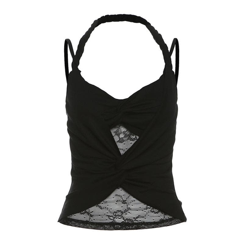 Halter ruched lace patchwork v neck cami top  | Festival Outfits Women