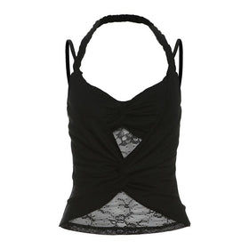 Halter ruched lace patchwork v neck cami top  | Festival Outfits Women