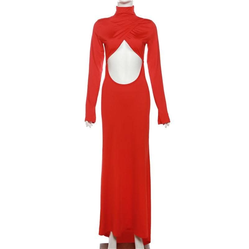 Hollow out solid long sleeve high neck zip-up cut out maxi dress-final-sale  | Festival Outfits Women
