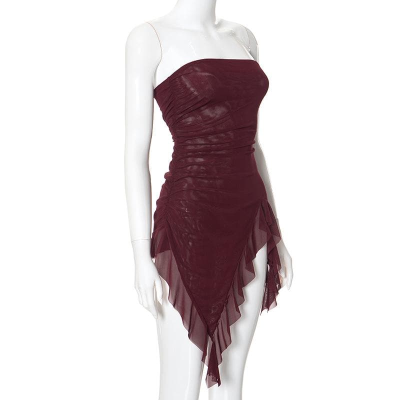Sheer mesh ruffle ruched tube mini dress-final-sale