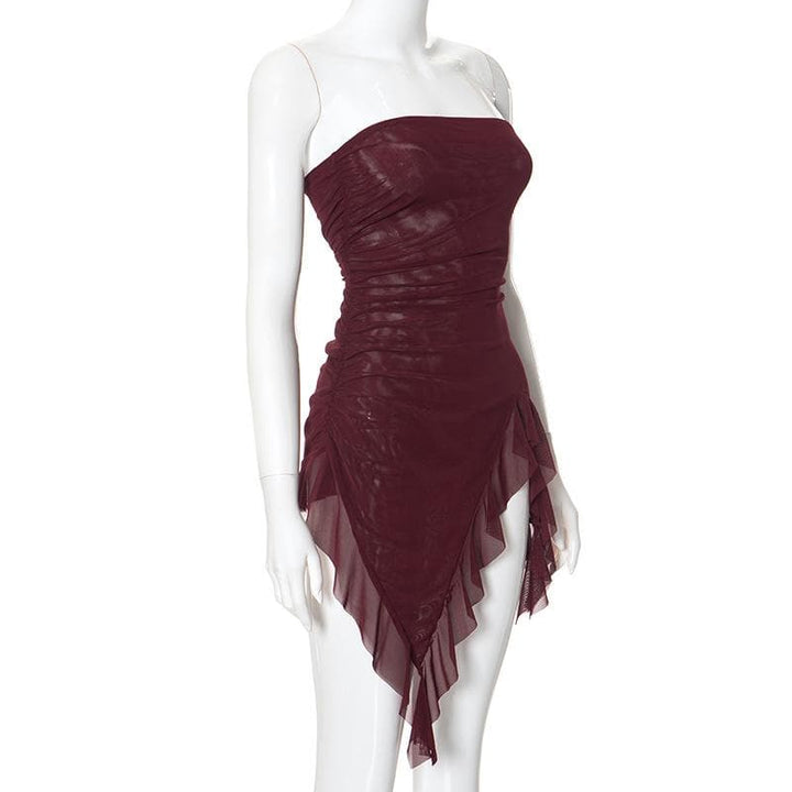 Sheer mesh ruffle ruched tube mini dress-final-sale