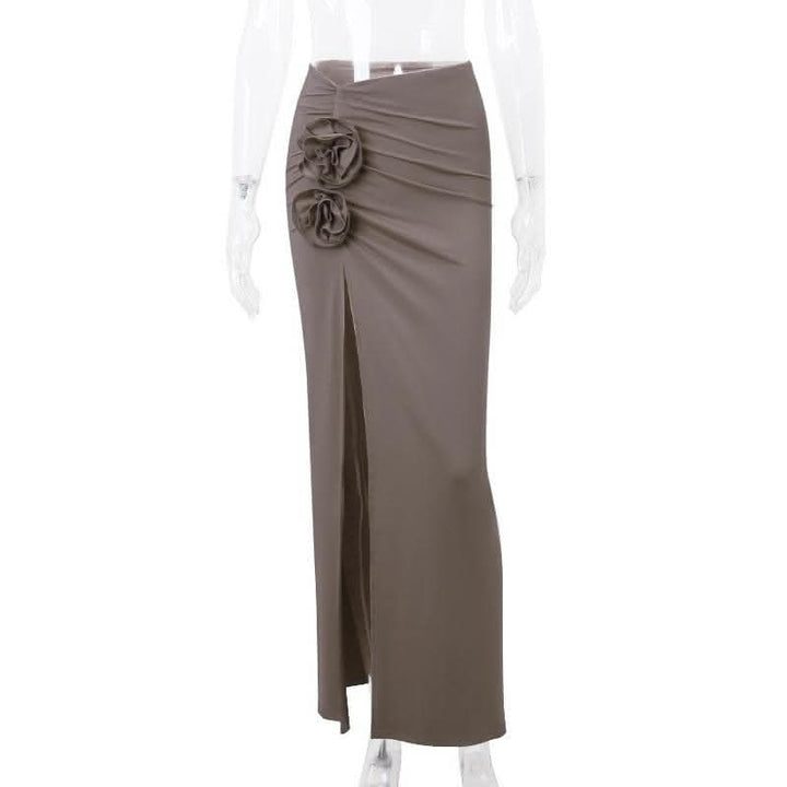 Ruched high slit flower applique irregular solid maxi skirt-final-sale  | Festival Outfits Women