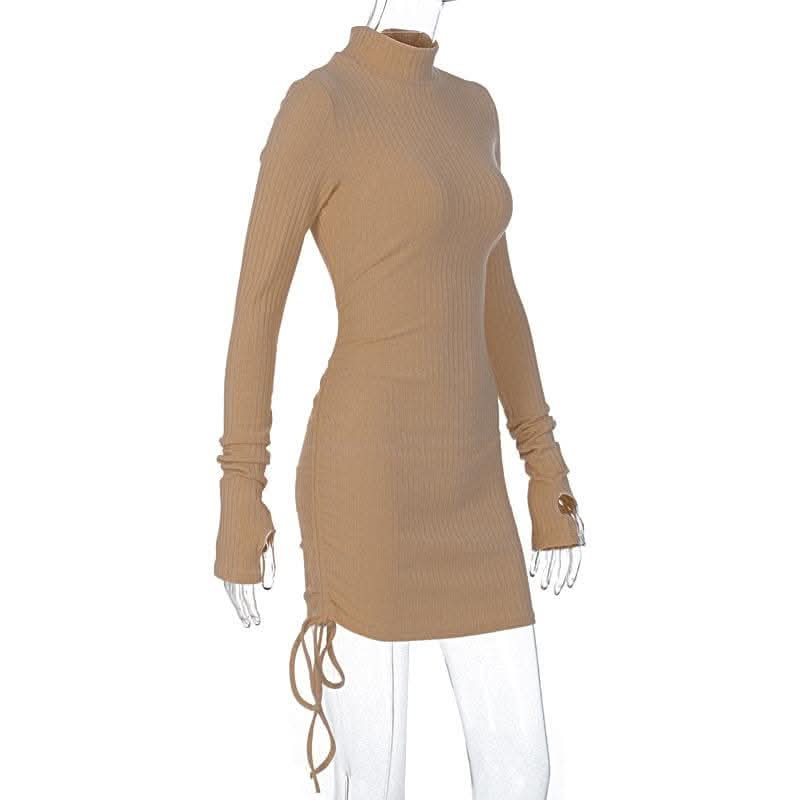 Long sleeve gloves solid drawstring high neck mini dress-final-sale  | Festival Outfits Women