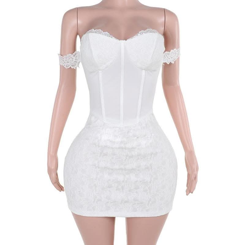 Sweetheart neck off shoulder bustier lace mini dress-final-sale  | Festival Outfits Women