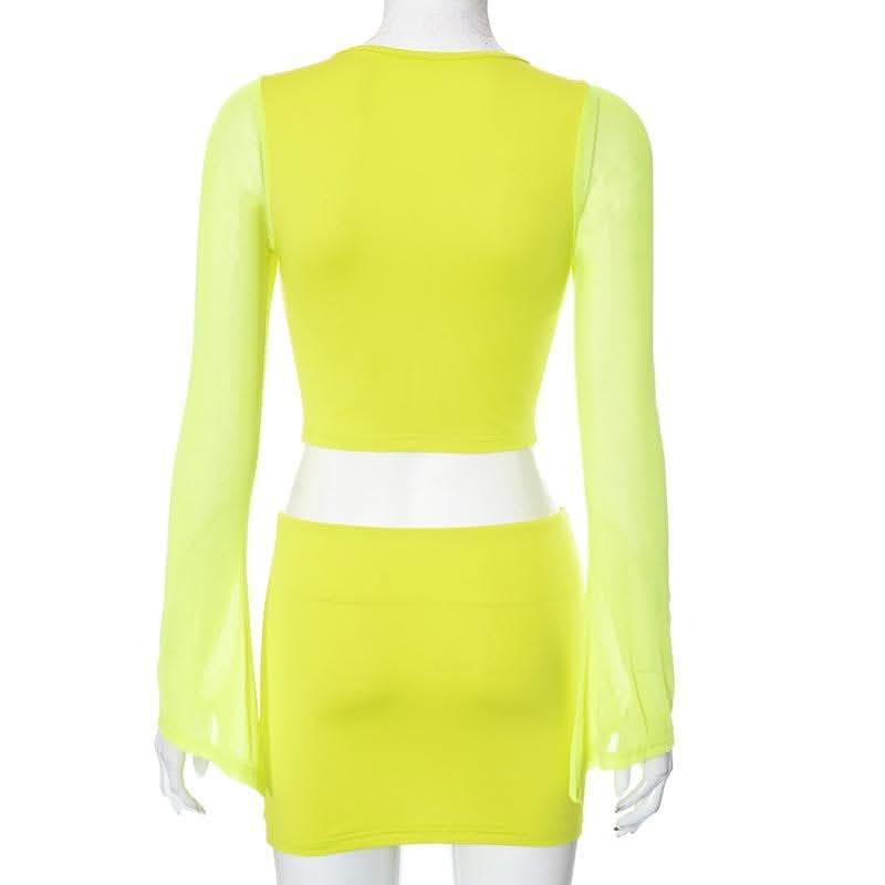 Long sleeve hollow out lace up mesh mini skirt set-final-sale  | Festival Outfits Women