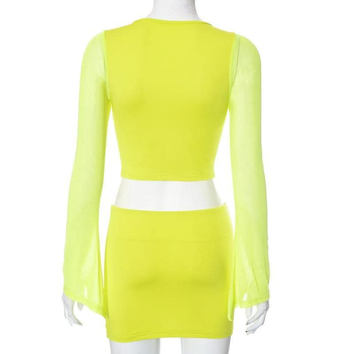 Long sleeve hollow out lace up mesh mini skirt set-final-sale  | Festival Outfits Women