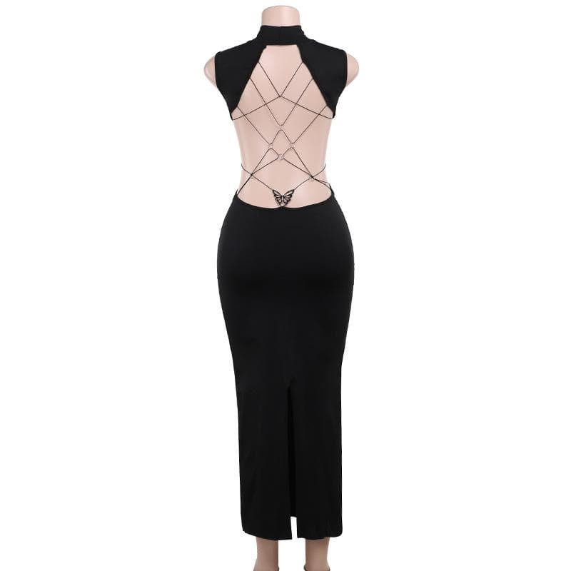 High neck o ring butterfly applique backless slit midi dress  | Festival Outfits Women