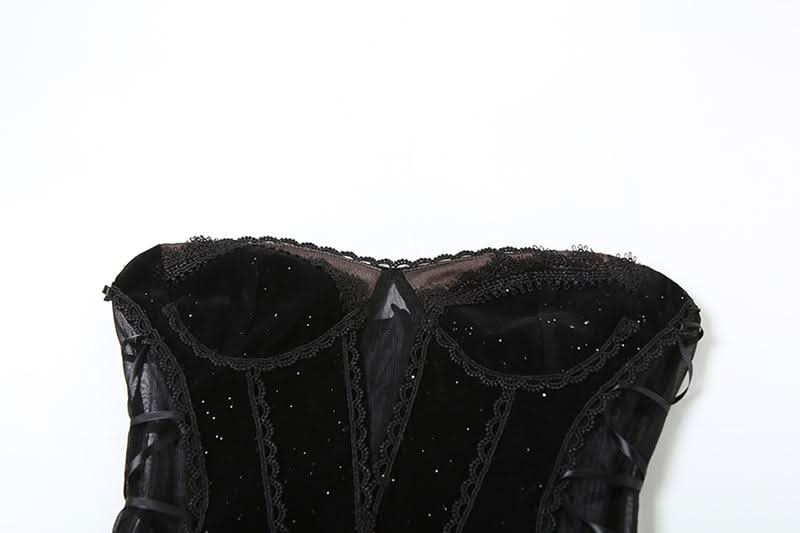Sweetheart neck velvet lace up mesh beaded mini dress  | Festival Outfits Women