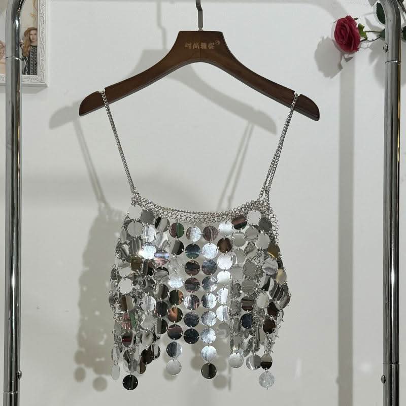 Glitter metal chain hollow out square neck cami cut out top  | Festival Outfits Women