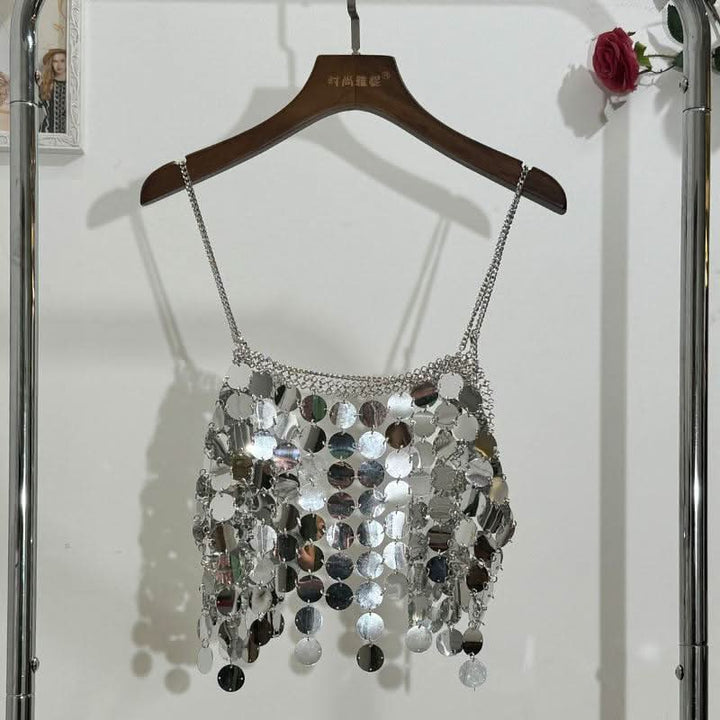 Glitter metal chain hollow out square neck cami cut out top  | Festival Outfits Women