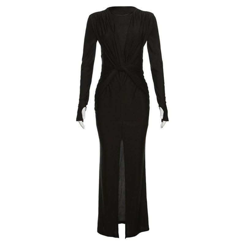 Knotted slit solid long sleeve ruched maxi dress-final-sale  | Festival Outfits Women